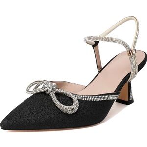 NEW Joseywade Black Rhinestone Bow Heals Low Pumps Ankle Strap Women’s 8.5